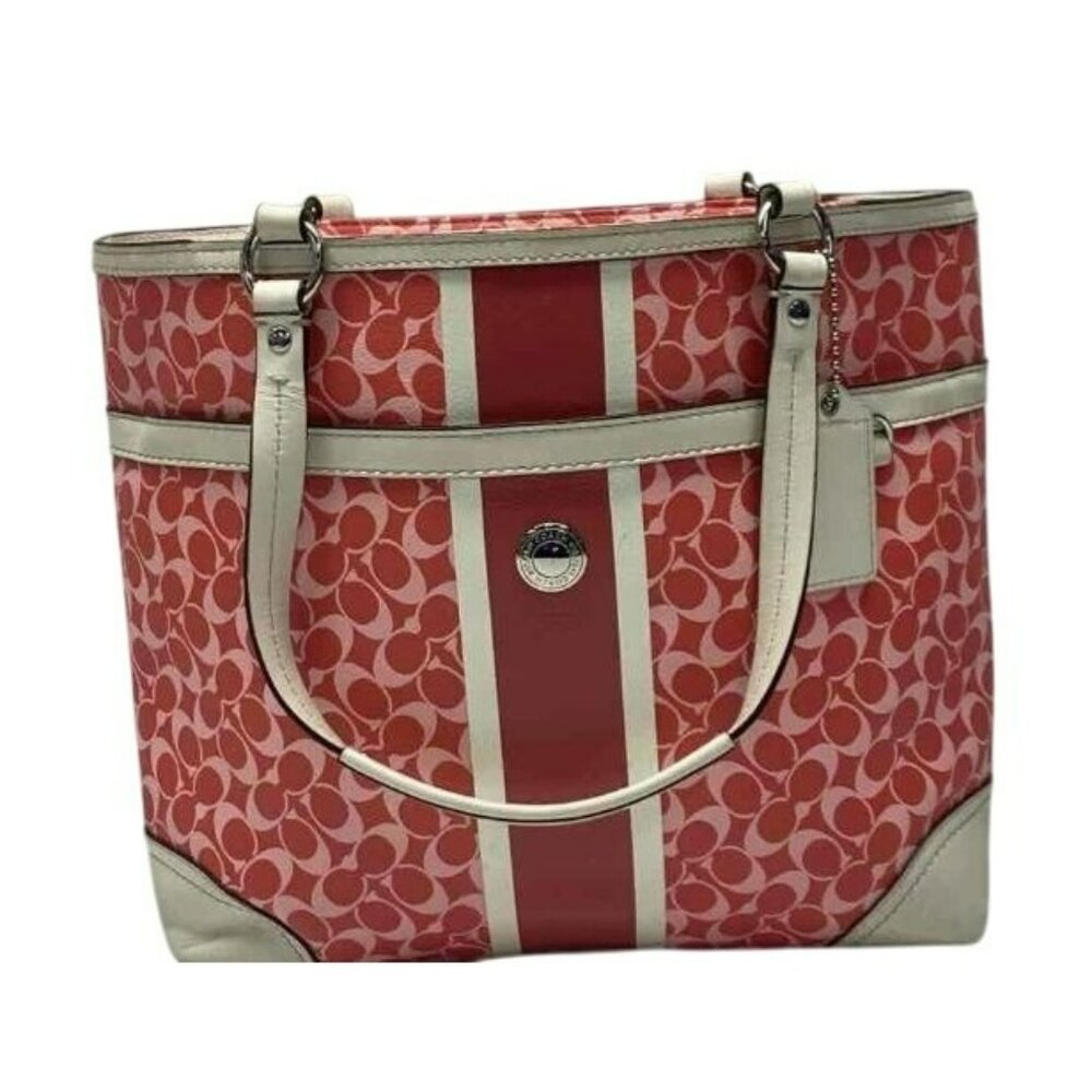 Coach Signature Stripe Red & Pink Canvas & Leather Tote Bag With Double Handles